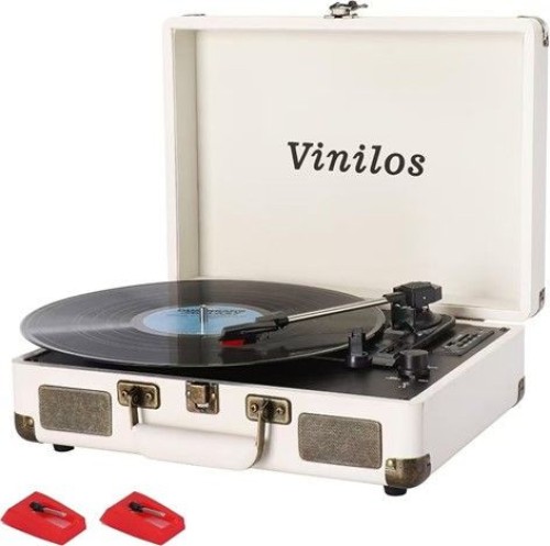 White leather suitcase classic record player